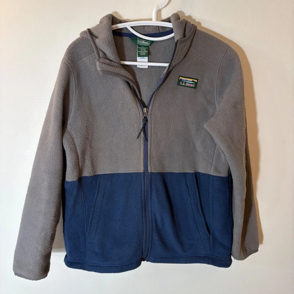 L.L. Bean Fleece Hooded Sweatshirt Zip Up Gray‎ Blue Size Large 14-16